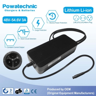 PWT43053 - 54.6V 3A IMP 3 pin Li-Ion Charger for 48V e bike Battery 2DC