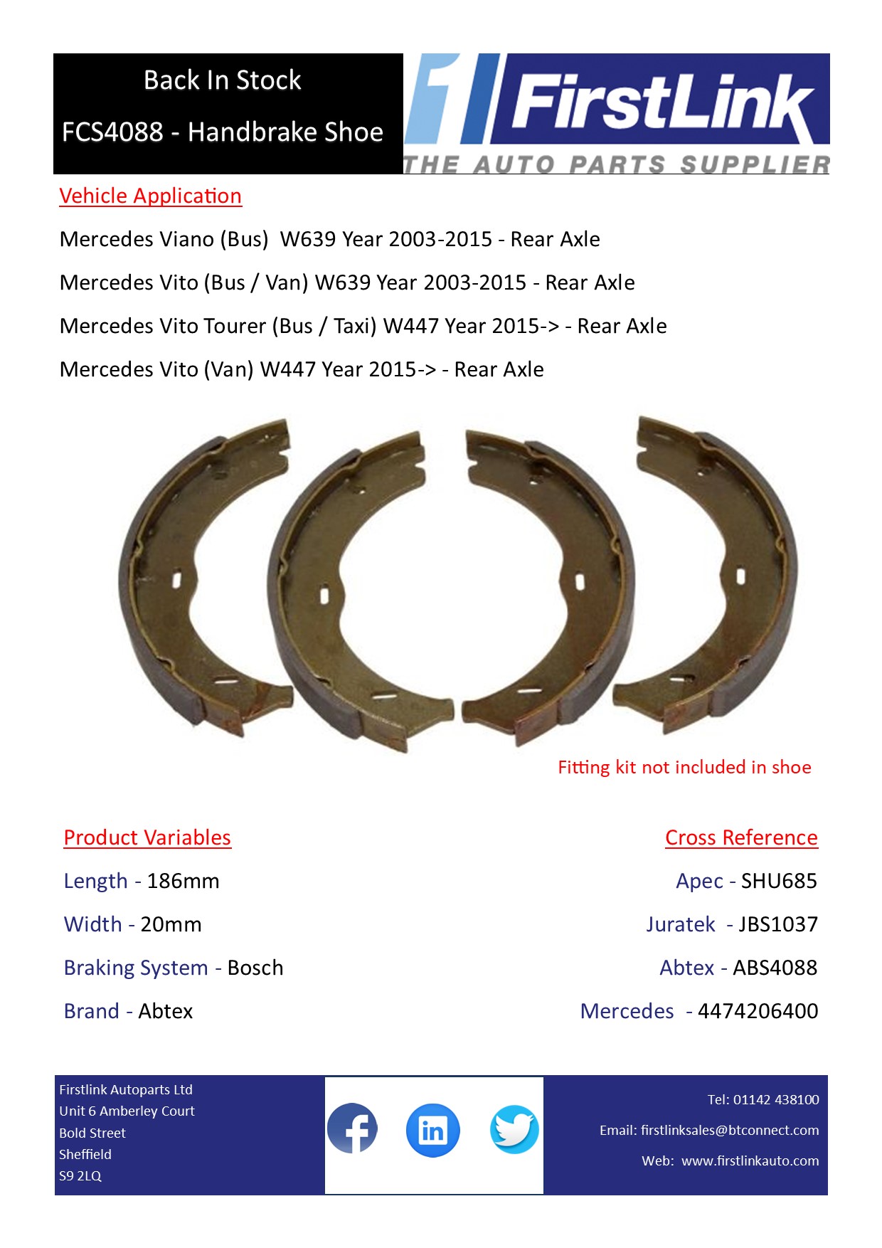 Back in Stock - Mercedes Vito Handbrake Shoe - FCS4088